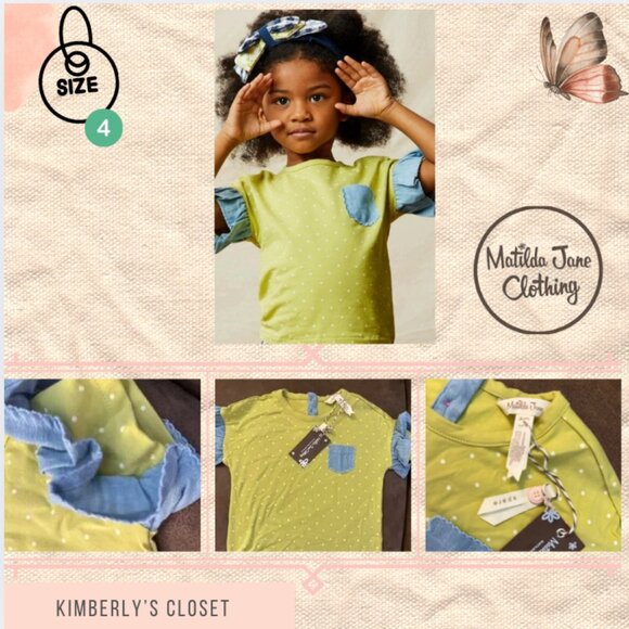 Matilda Jane Girl’s Top Lime Polka Dot Top Denim Details girls 4 Summer Top! - Picture 2 of 9